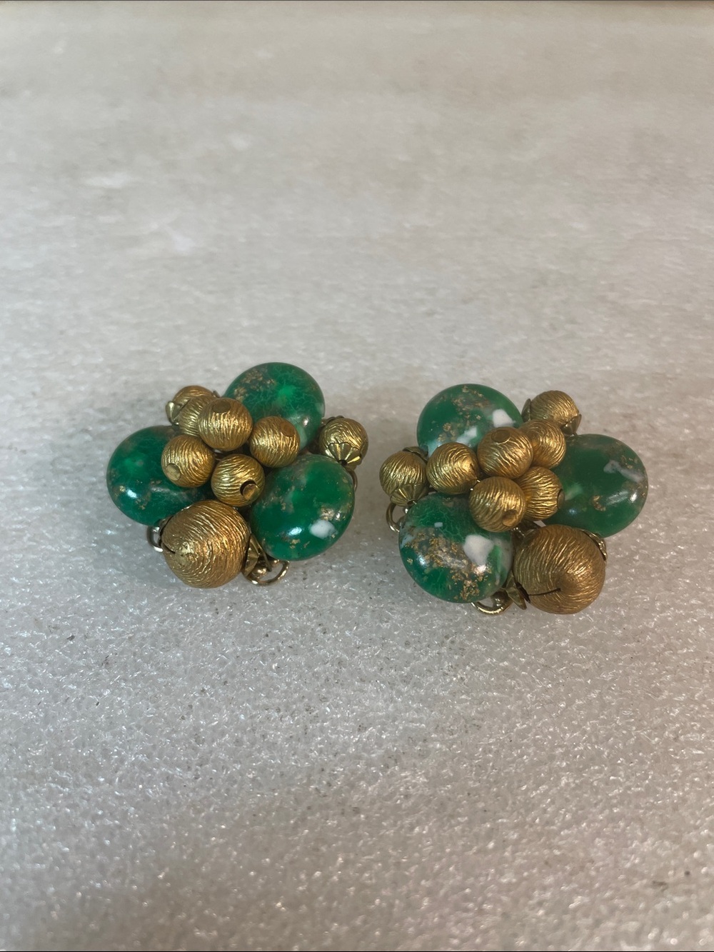 Green Cluster Clip-On Earrings with Gold-Tone Beads